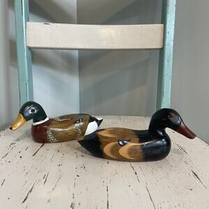 Antique Wood Carved Hand Painted Ducks 8 Inch Lot Of 2 Vtg Hunting Old Mallard
